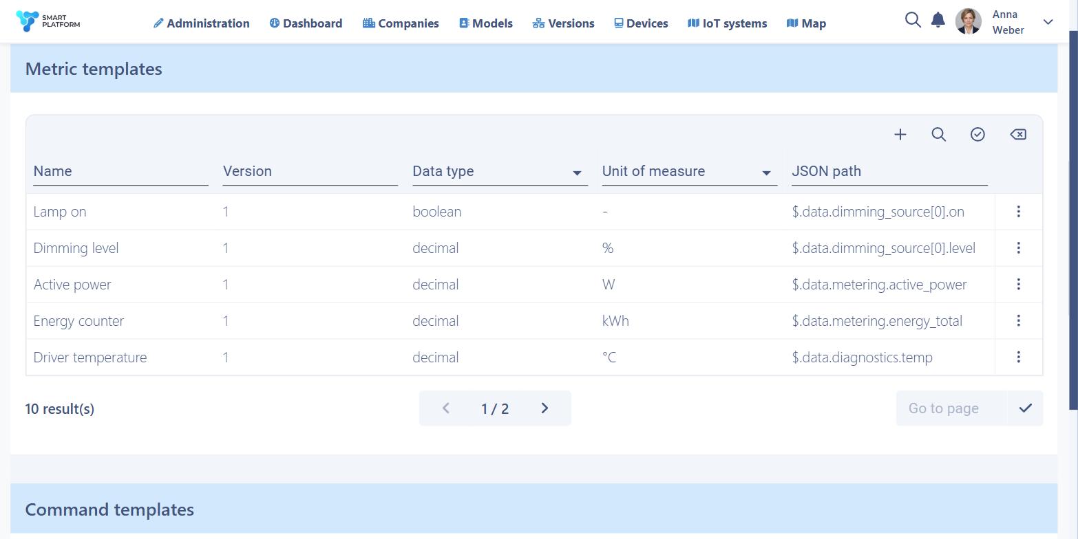 Metric templates in Vision Smart Platform: each metric declared with its data type, unit of measure and the JSON path that extracts it from the device payload